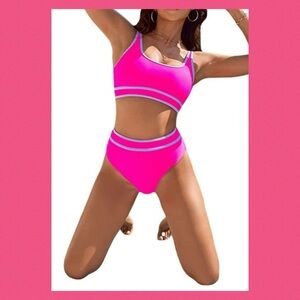 Pink two piece swimsuit.